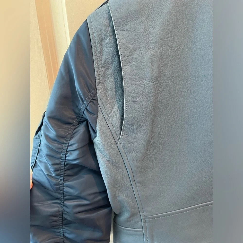 SANDRO Blue Ruched Shell-Paneled Sleeves Leather Goat Biker Jacket - Picture 11 of 16